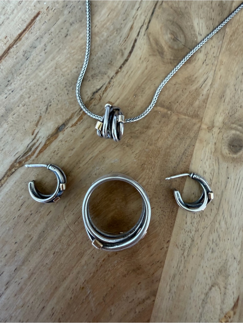 Pandora Two-Tone Silver and Gold Knot Necklace with Matching Ring and Earrings - Picture 5 of 5